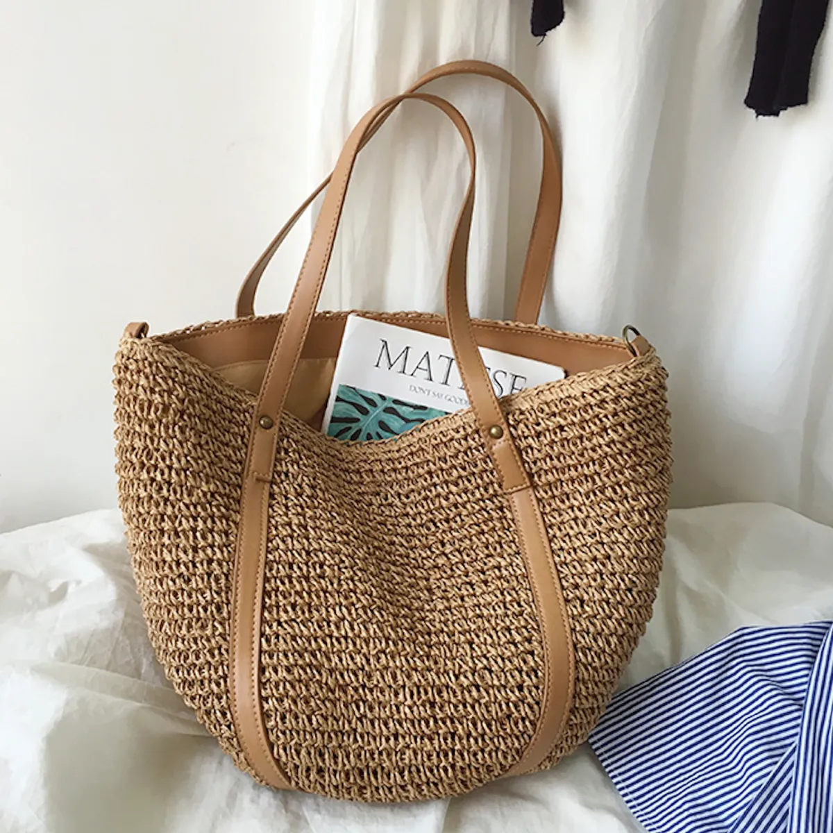 Elena Handbags Large Straw Woven Tote Bag