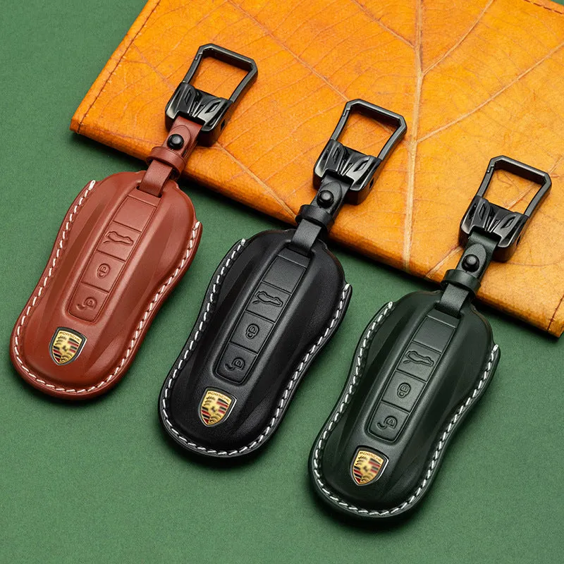 For Porsche Cayenne Taycan Key Cover Panamera Macan718/911 Car Key Protective Shell Genuine Leather Bag