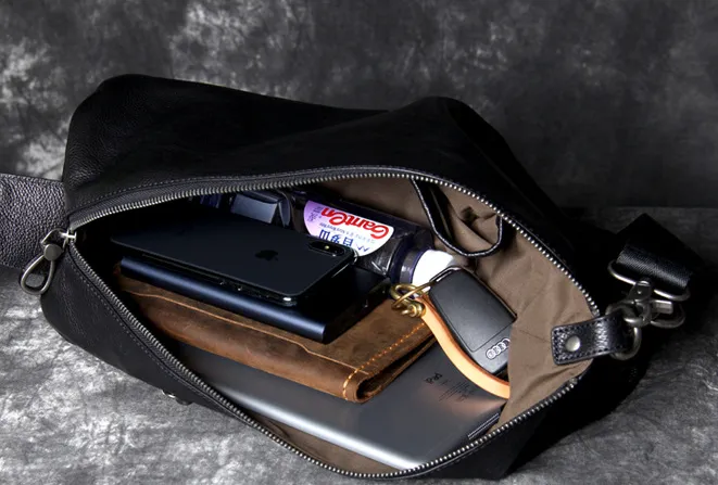 Full Grain Leather Shoulder Bag Black Leather Crossbody Bag Mens Leather Barrel Bag