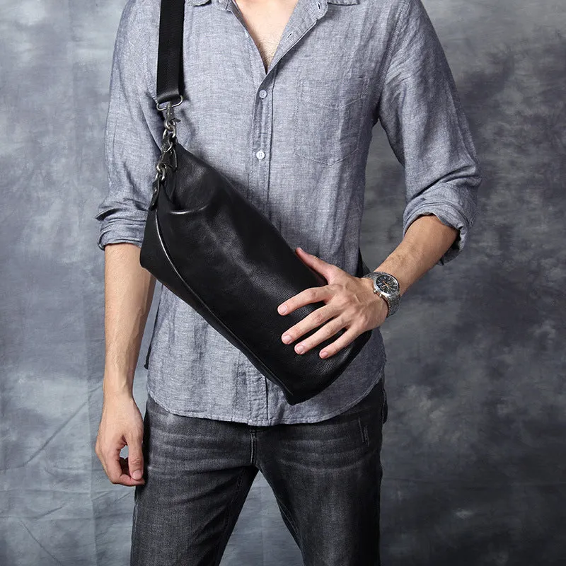 Full Grain Leather Shoulder Bag Black Leather Crossbody Bag Mens Leather Barrel Bag