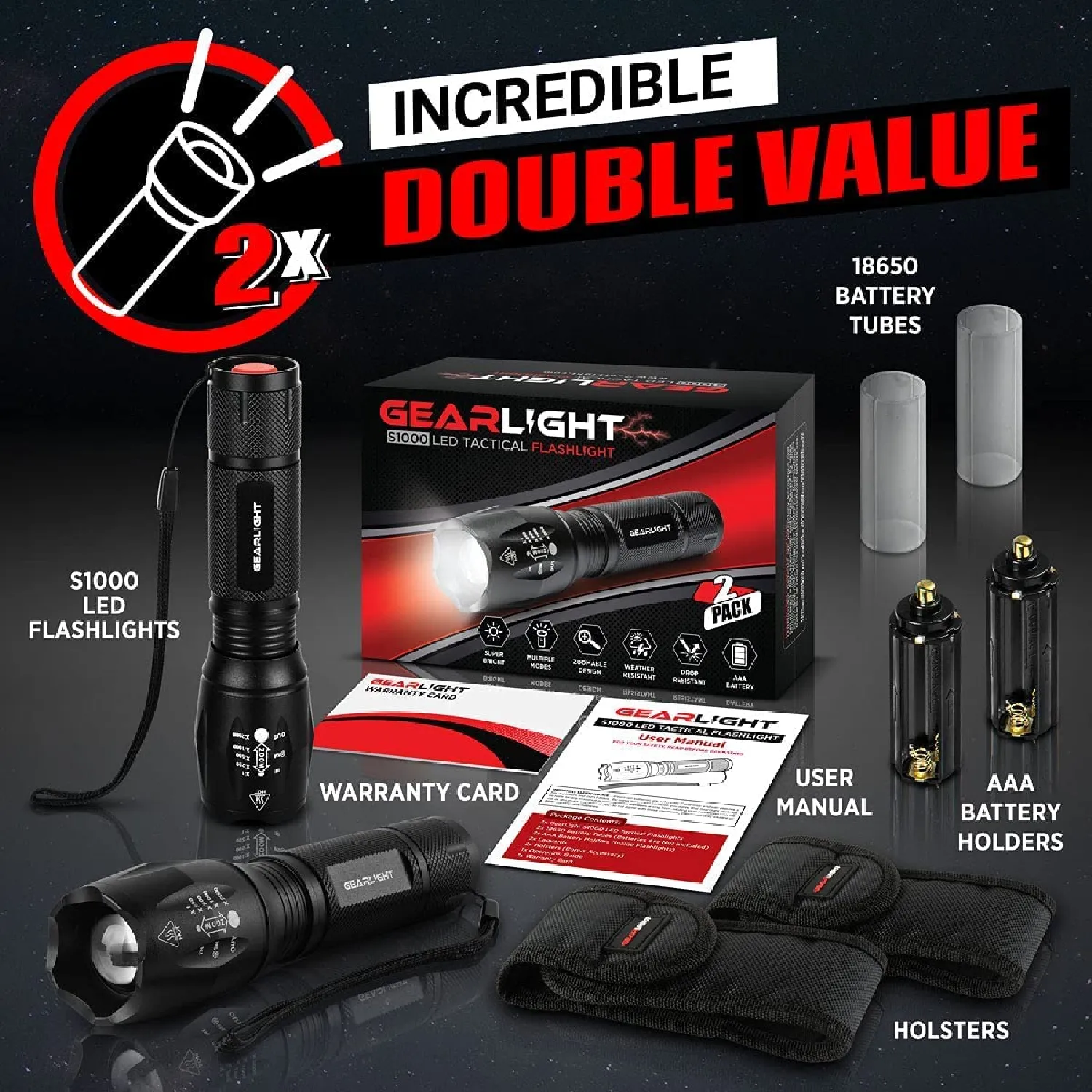 GearLight LED Flashlight Bundle | 2 Bright Tactical Flashlights