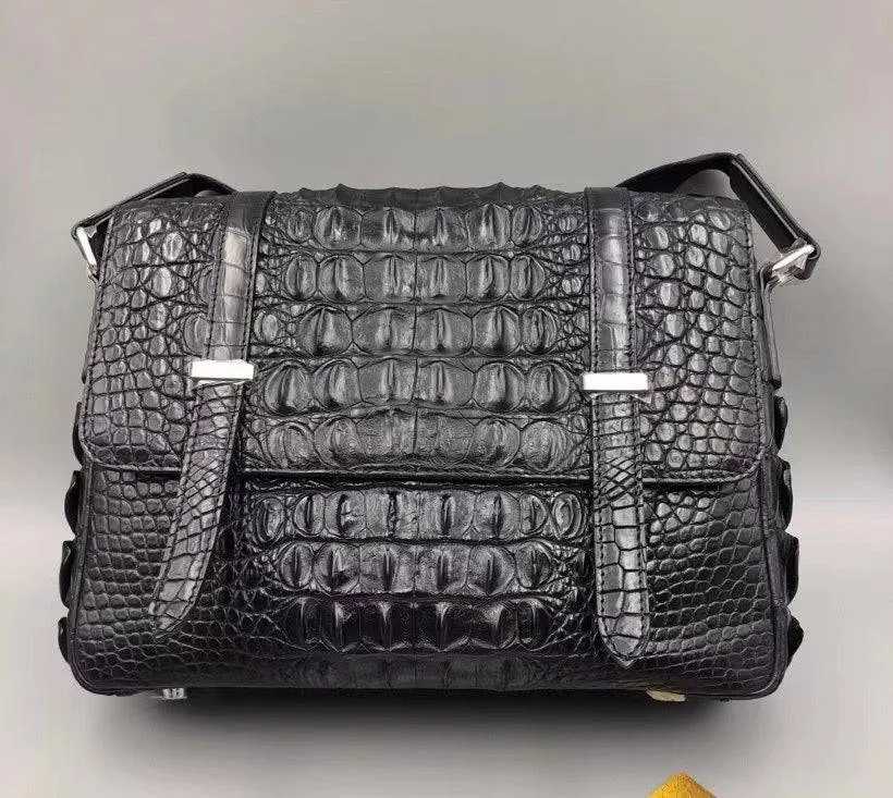 Genuine Crocodile Leather  Messenger Shoulder Bag Black