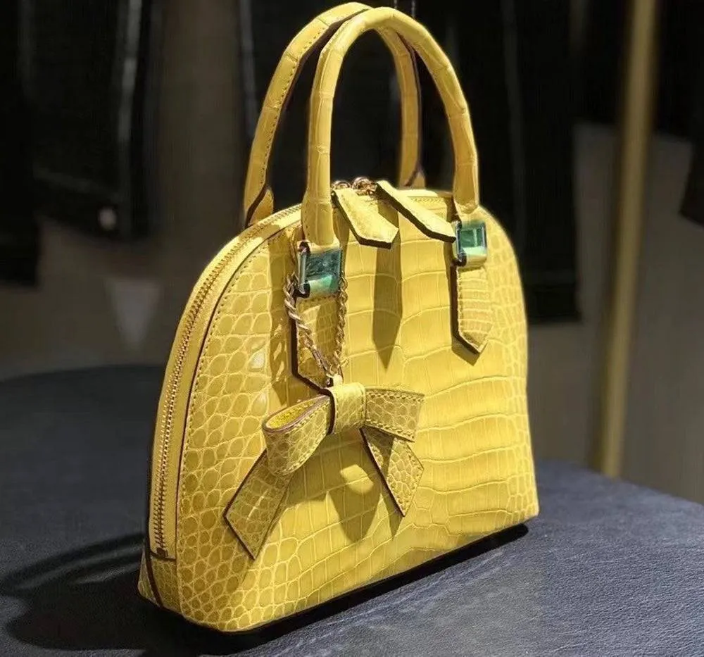 Genuine Crocodile  Leather  Shell Top Handle Cross Body Tote Bags For S/S Yellow