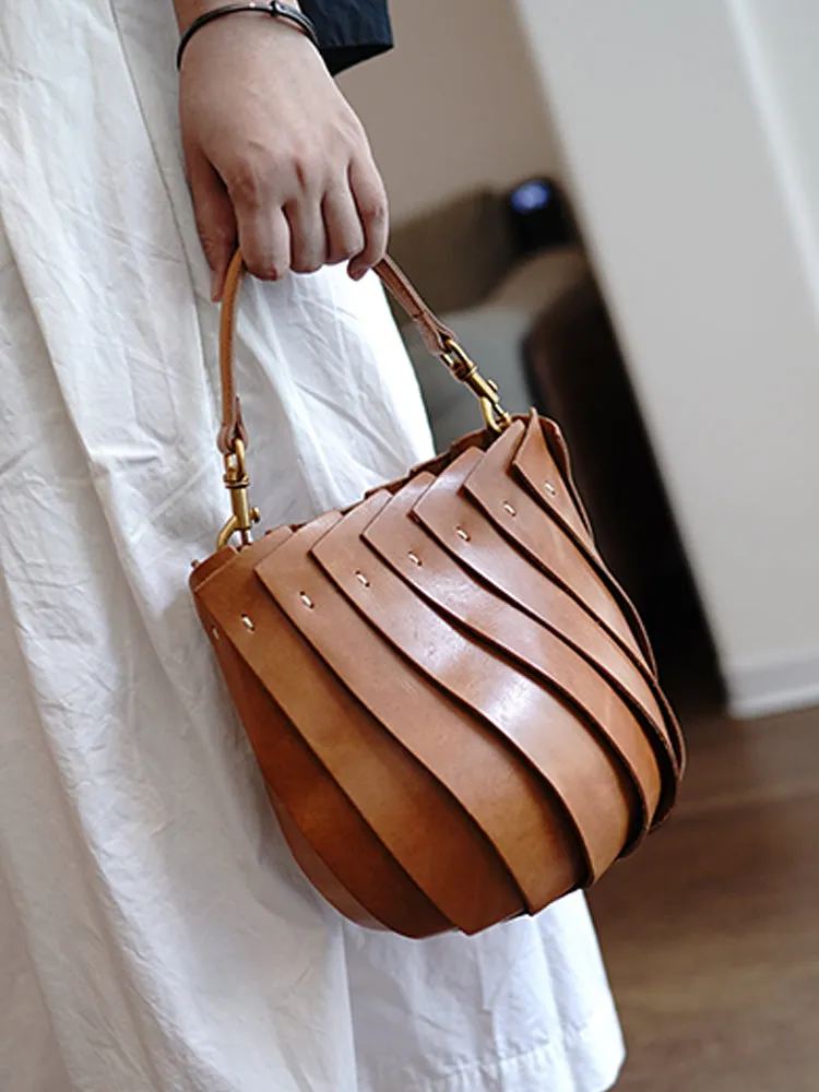 Genuine Leather Shell Style Bucket Bag Purse For Ladies