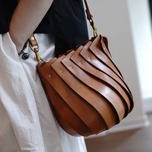 Genuine Leather Shell Style Bucket Bag Purse For Ladies