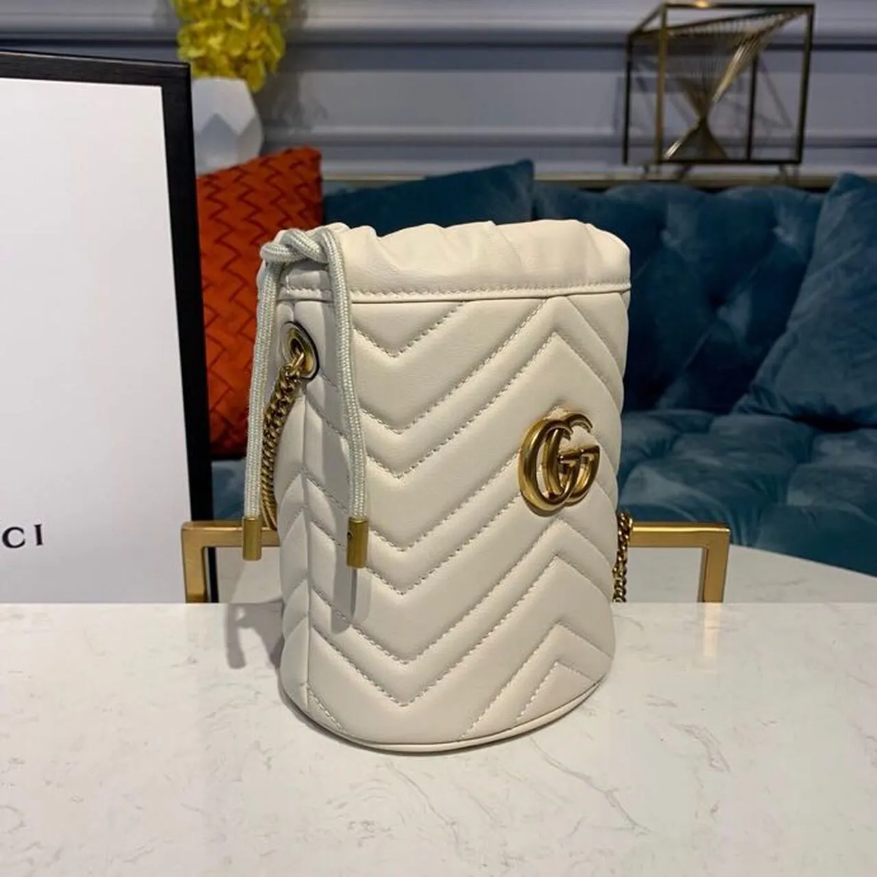 gg Marmont Mini Bucket Bag White Matelassé Chevron For Women 6in/13cm gg 575163 DTDRT 9022