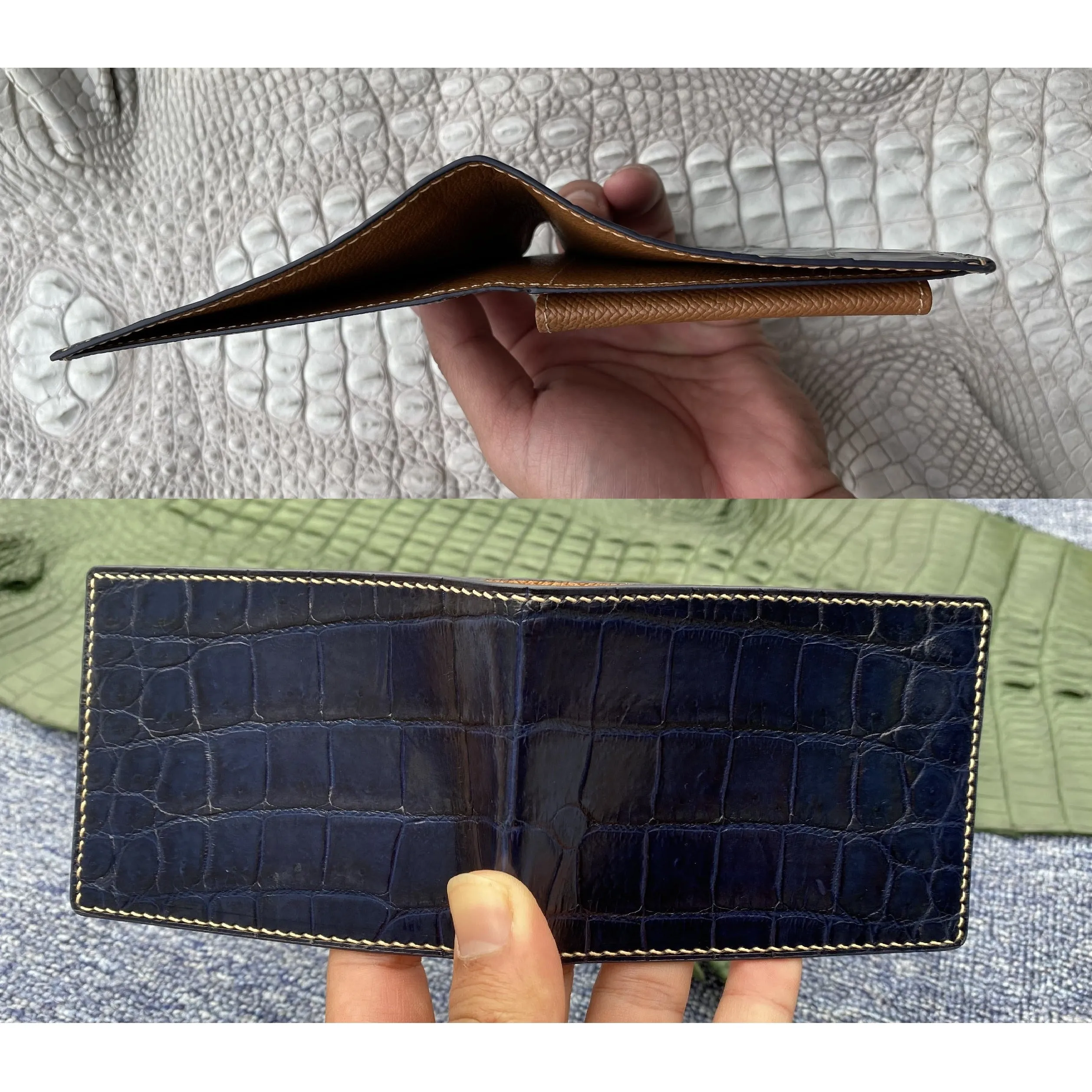 Hand-stitched Navy Blue Alligator Leather Double Side Wallet For Men |RFID Blocking | Coin Pocket | VINAM-92