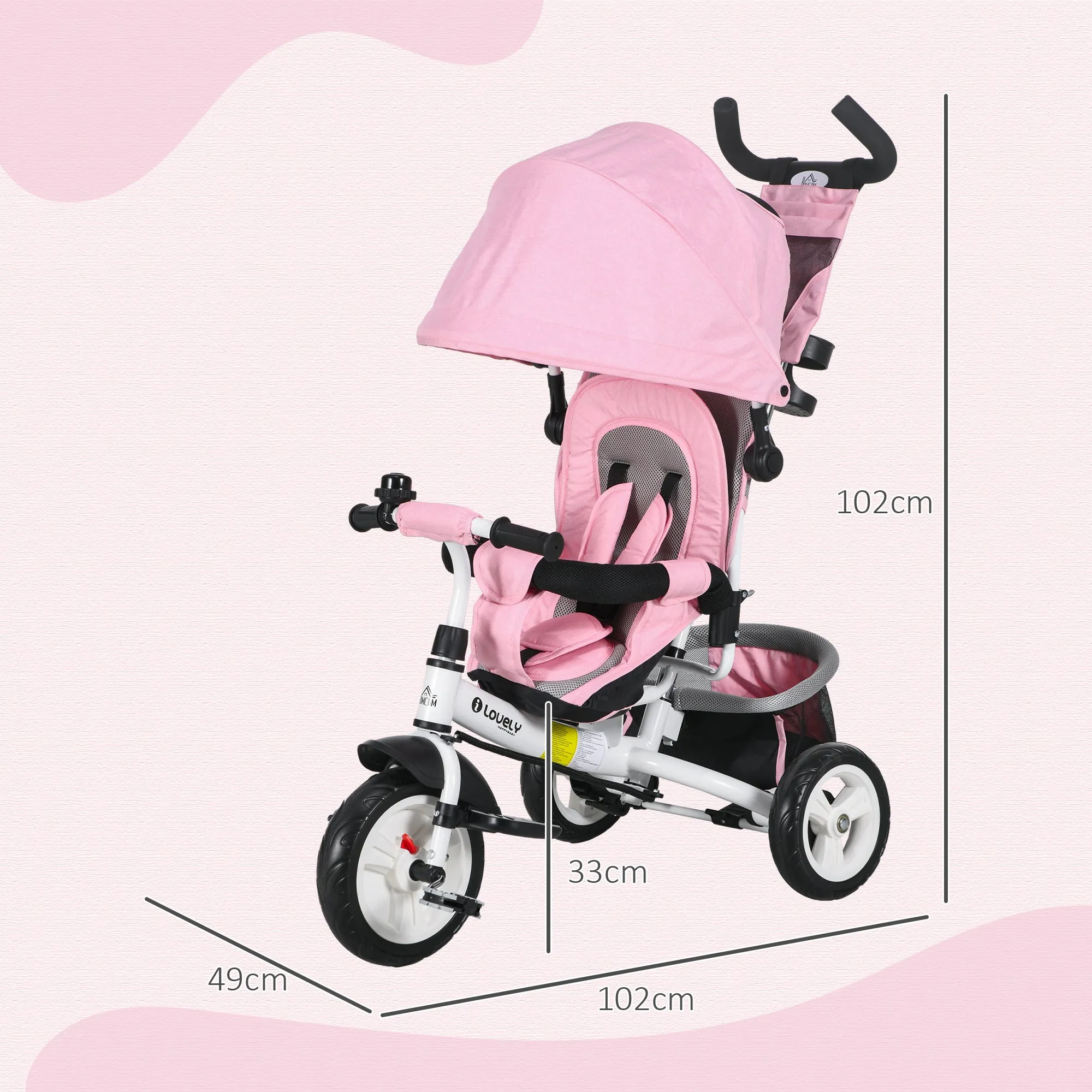 HOMCOM 6 in 1 Kids Pink Trike, Stroller with Parent Handle