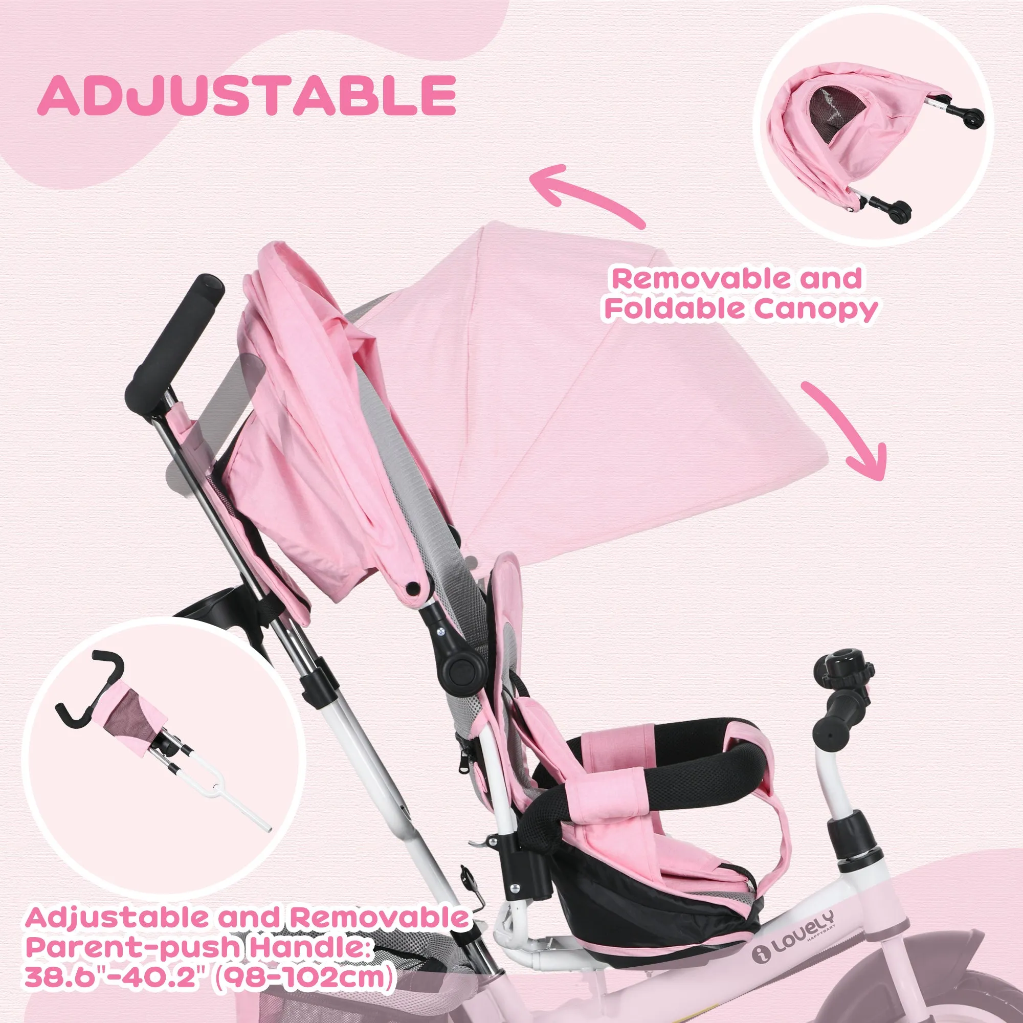 HOMCOM 6 in 1 Kids Pink Trike, Stroller with Parent Handle