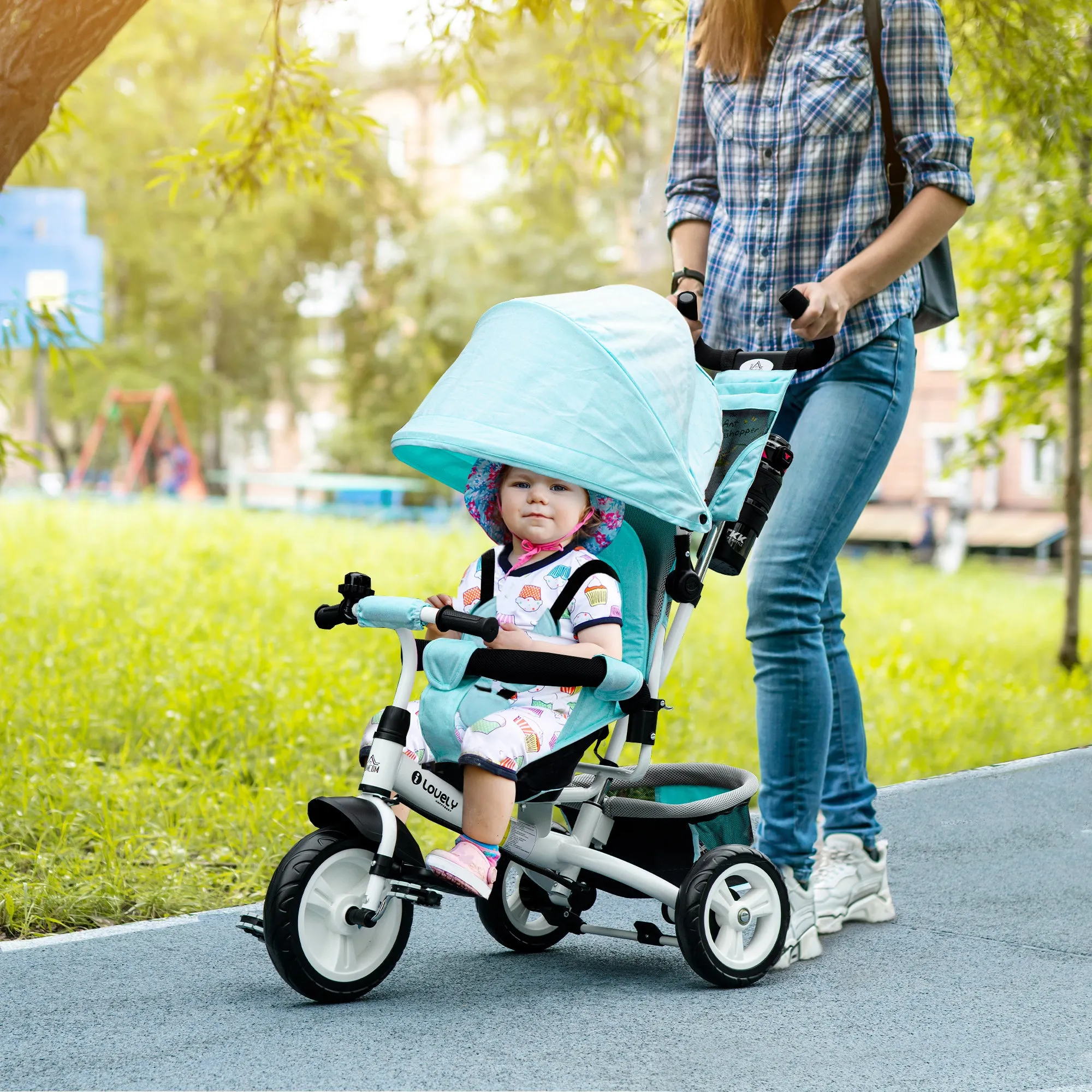 HOMCOM 6 in 1 Kids Trike, Stroller with Parent Handle, Green