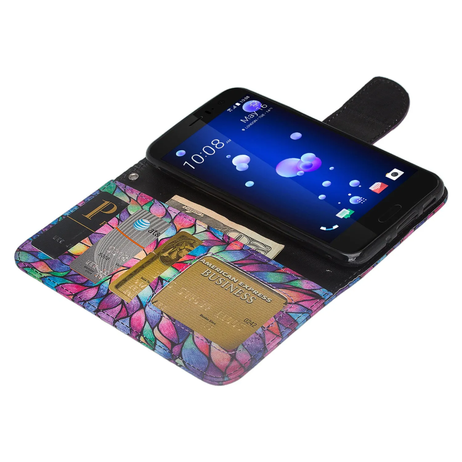 HTC U11 Case, U11 Wallet Case, Wrist Strap Pu Leather Wallet Case [Kickstand] with ID & Credit Card Slots - Rainbow Flower