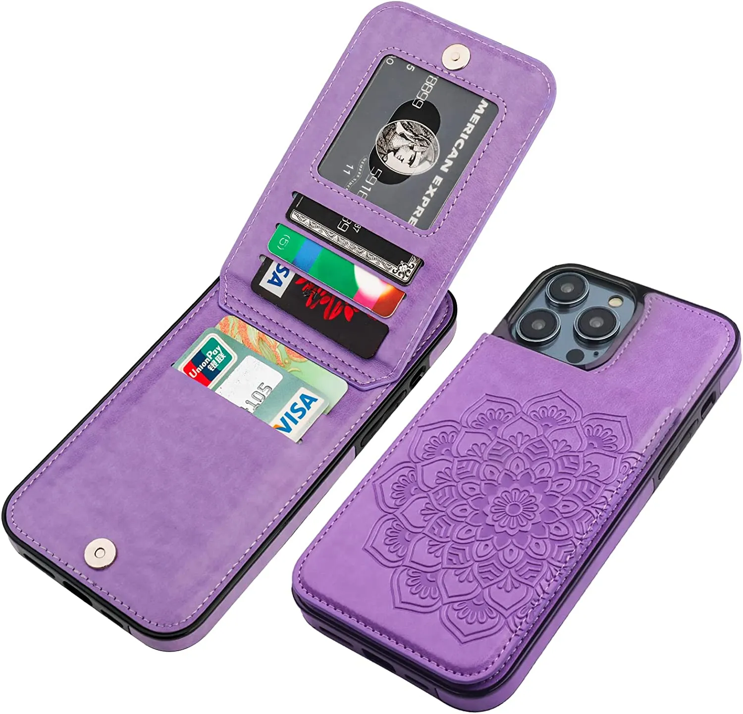 iPhone 14 Pro Max Wallet Case Embossed Mandala Floral Pattern Premium Purple