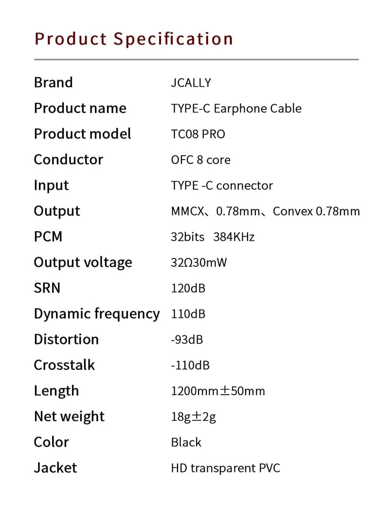 JCALLY TC08 Pro TYPE-C Earphone Upgrade Cable