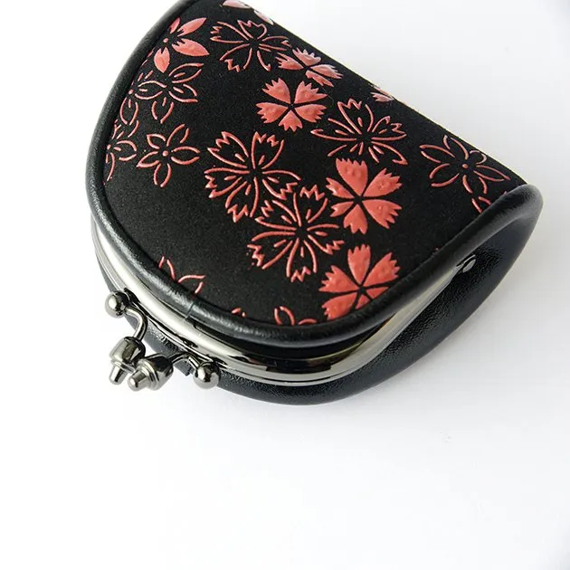 Koshu Inden Japanese Deerskin Leather with Urushi (Japanese Lacquer) Clasp Coin Purse - Cherry Blossom / Gray-Black - ,  Made in Japan,  Change Purse,  Japanese Gamaguchi Coin Purse