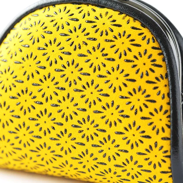 Koshu Inden Japanese Deerskin Leather with Urushi (Japanese Lacquer) Clasp Coin Purse - Chrysanthemum Crest Pattern / Yellow - ,  Made in Japan,  Change Purse,  Japanese Gamaguchi Coin Purse