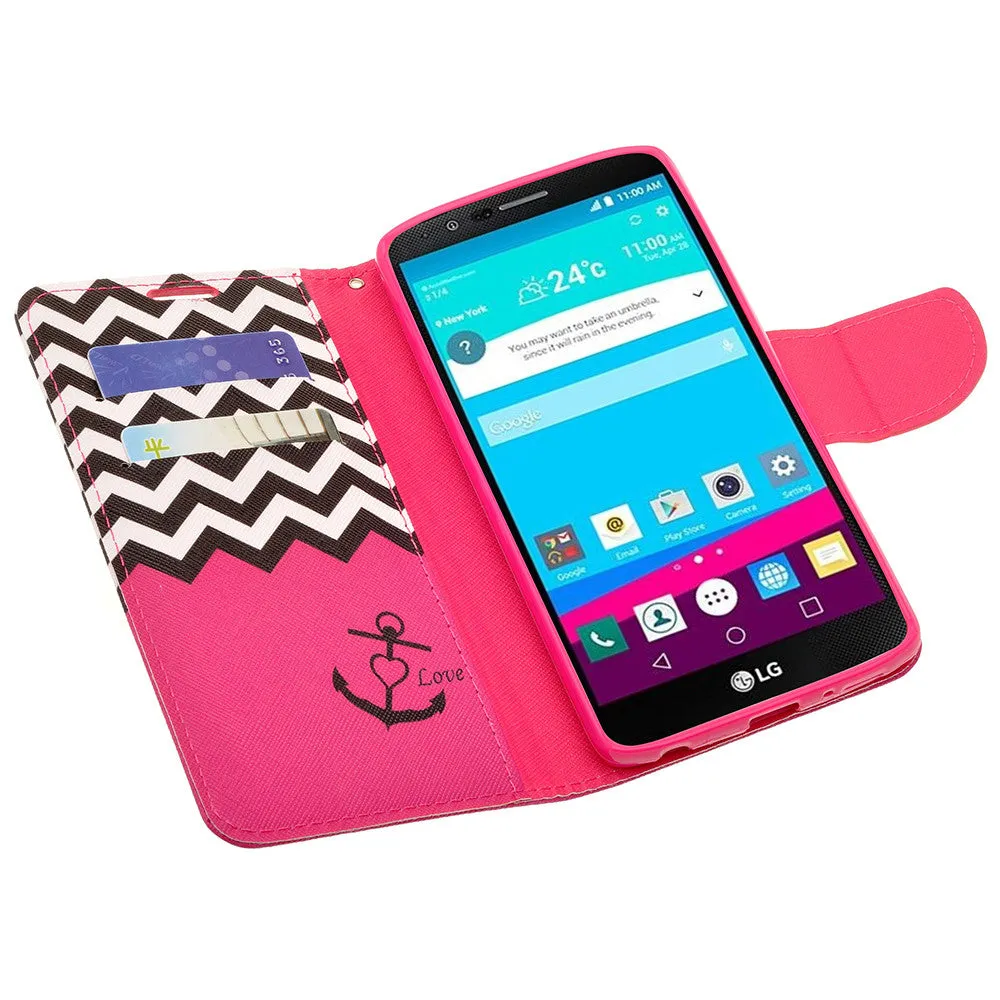 LG V10 Case, Wrist Strap Magnetic Fold[Kickstand] Pu Leather Wallet Case with ID & Credit Card Slots for LG V10 - Hot Pink Anchor