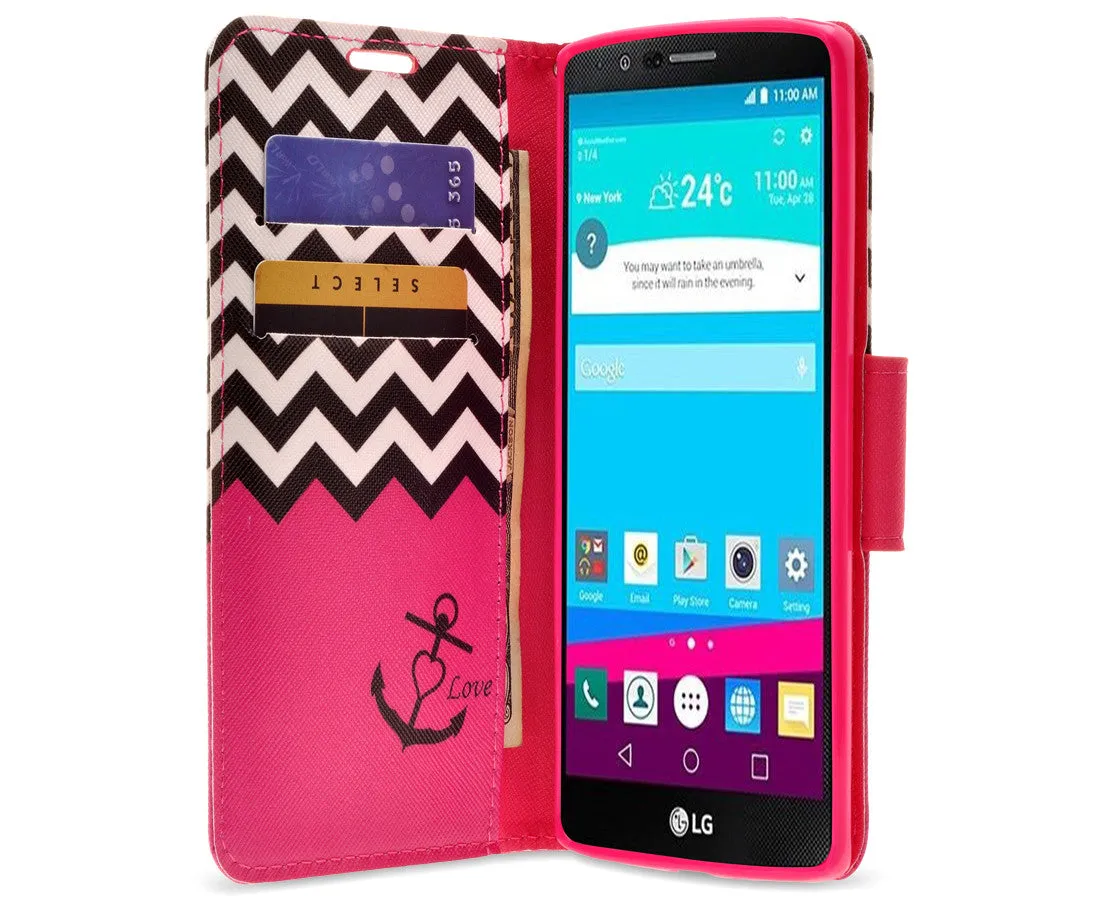 LG V10 Case, Wrist Strap Magnetic Fold[Kickstand] Pu Leather Wallet Case with ID & Credit Card Slots for LG V10 - Hot Pink Anchor