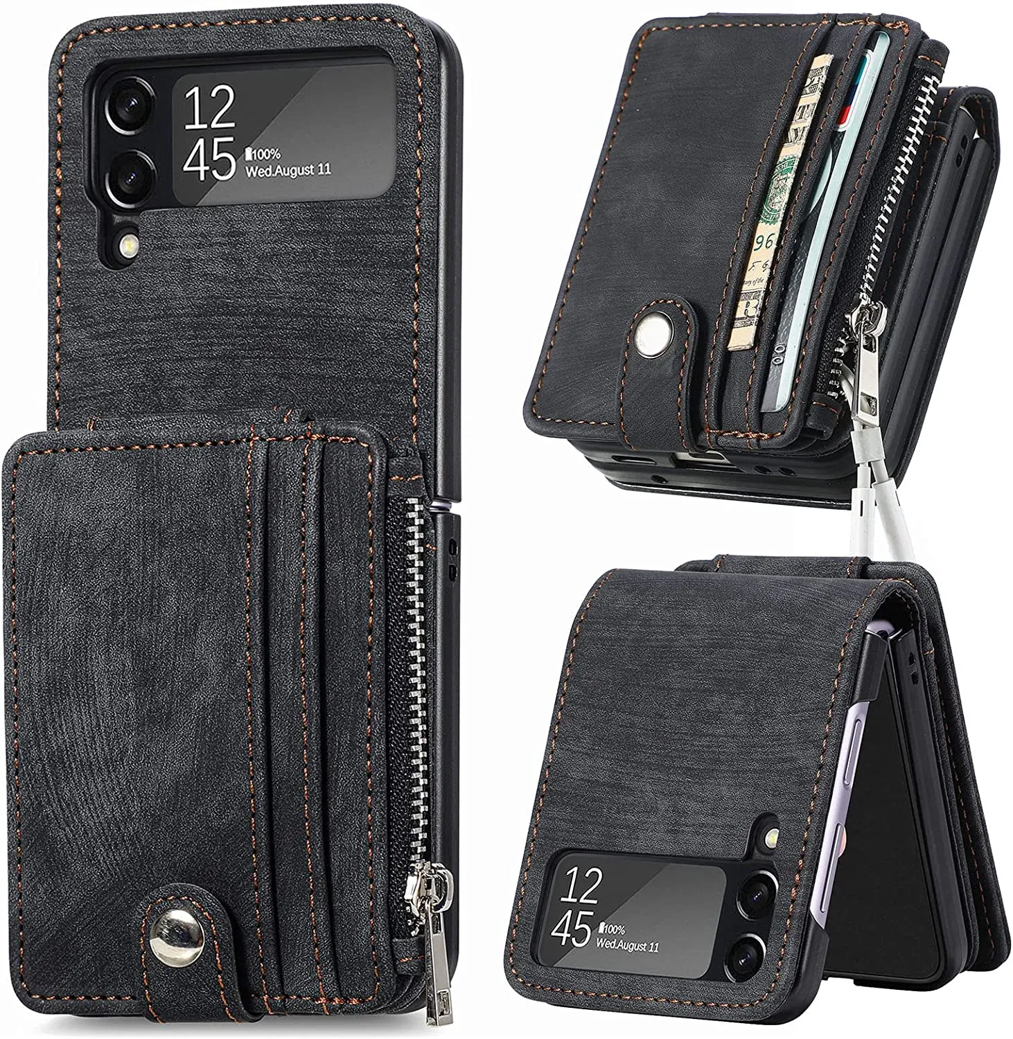 Linyune Galaxy Z Flip 4 Wallet Case Card Holder Flip Phone Cover  (Black)