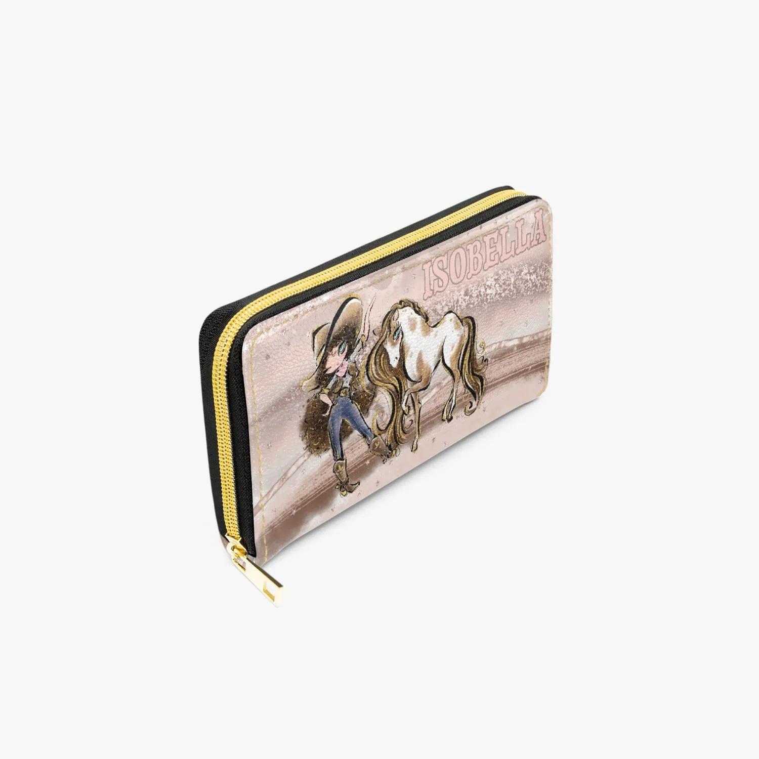 Long Type Zipper Purse, Howdy Cowgirl & Horse, Brunette Curly Hair Blue Eyes, Personalised