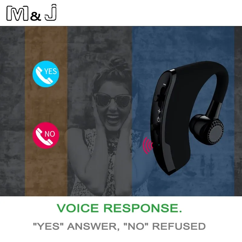 M&J V9 Handsfree Business Wireless Bluetooth Headset With Mic Voice Control Headphone For Drive Connect With 2 Phone