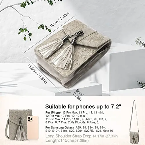 MEITRUE Small Crossbody Bags for Women Vintage Leather Tassels Embossed Mini Cell Phone Purse Shoulder handbags RFID Card Holder Wallet Women