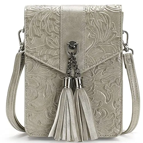 MEITRUE Small Crossbody Bags for Women Vintage Leather Tassels Embossed Mini Cell Phone Purse Shoulder handbags RFID Card Holder Wallet Women