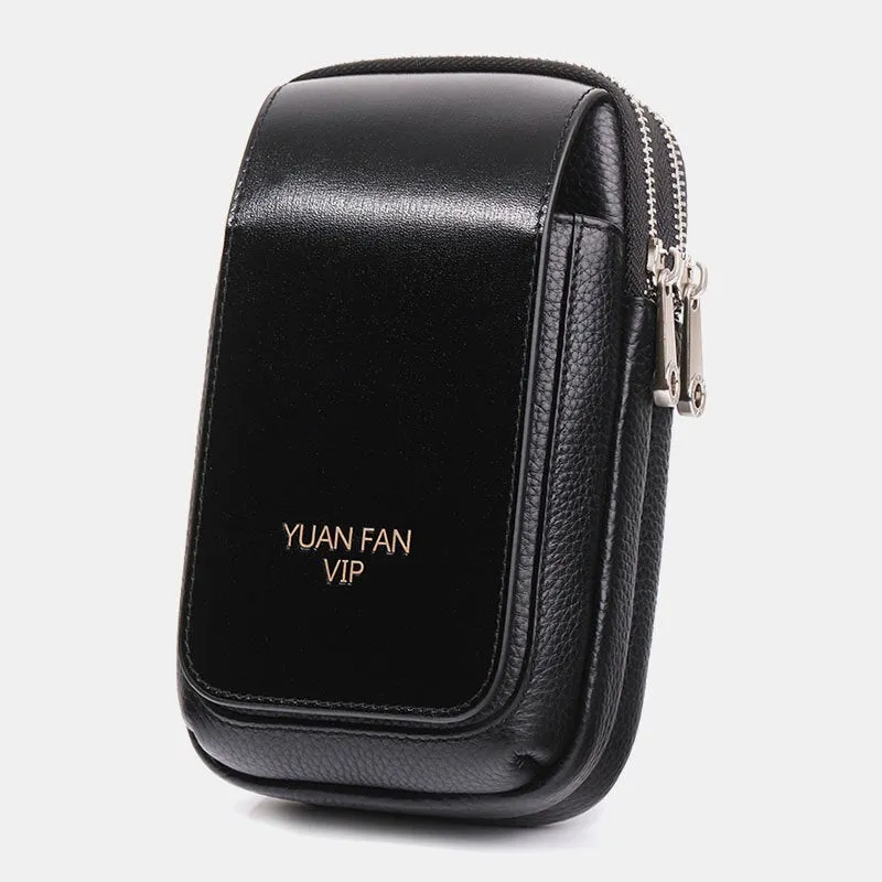 Men Genuine Leather Double Layer Large Capacity Waist Bag Retro Mini 6.5 Inch Phone Belt