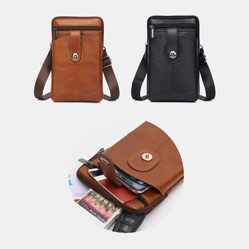 Men Genuine Leather Vintage Multifunctional 6.5 Inch Zipper Hasp Phone Bag Crossbody Waist