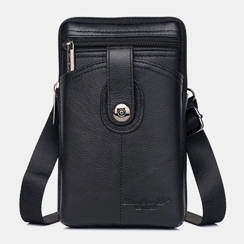 Men Genuine Leather Vintage Multifunctional 6.5 Inch Zipper Hasp Phone Bag Crossbody Waist