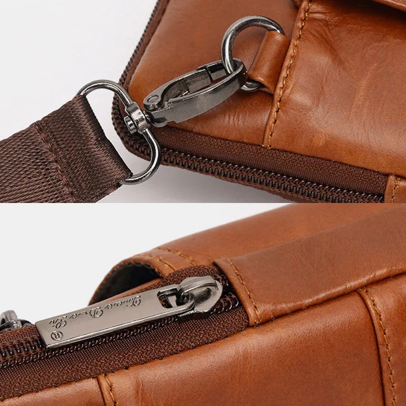 Men Genuine Leather Vintage Multifunctional 6.5 Inch Zipper Hasp Phone Bag Crossbody Waist