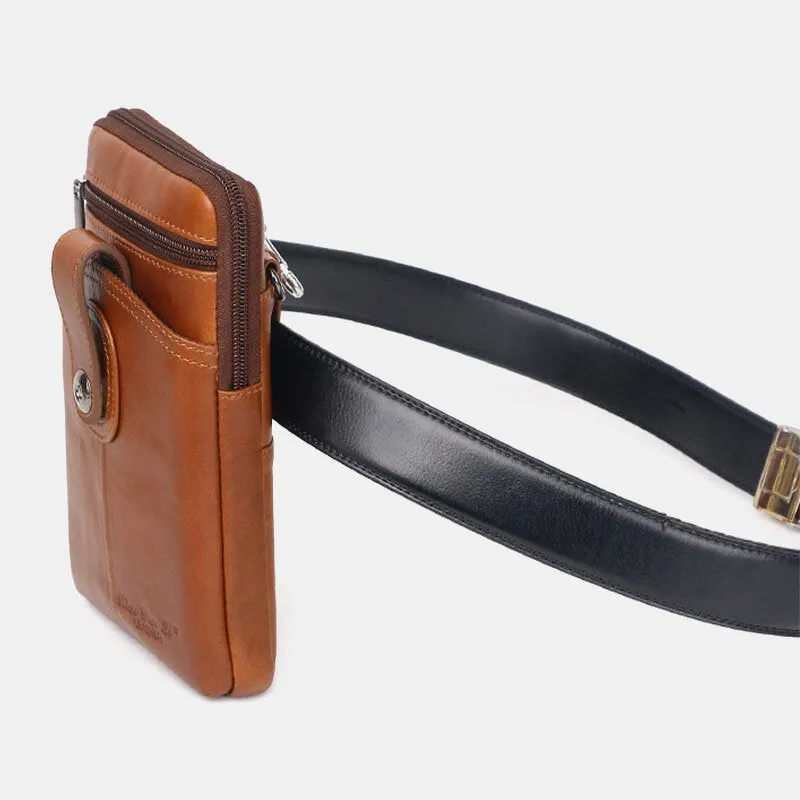 Men Genuine Leather Vintage Multifunctional 6.5 Inch Zipper Hasp Phone Bag Crossbody Waist