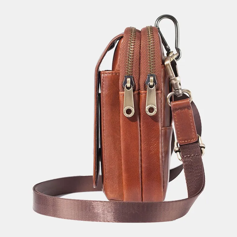 Men Mini Multifunction Belt Bag Double Front Zipper Pocket Crossbody Bags Retro 6.5 Inch Phone Waist