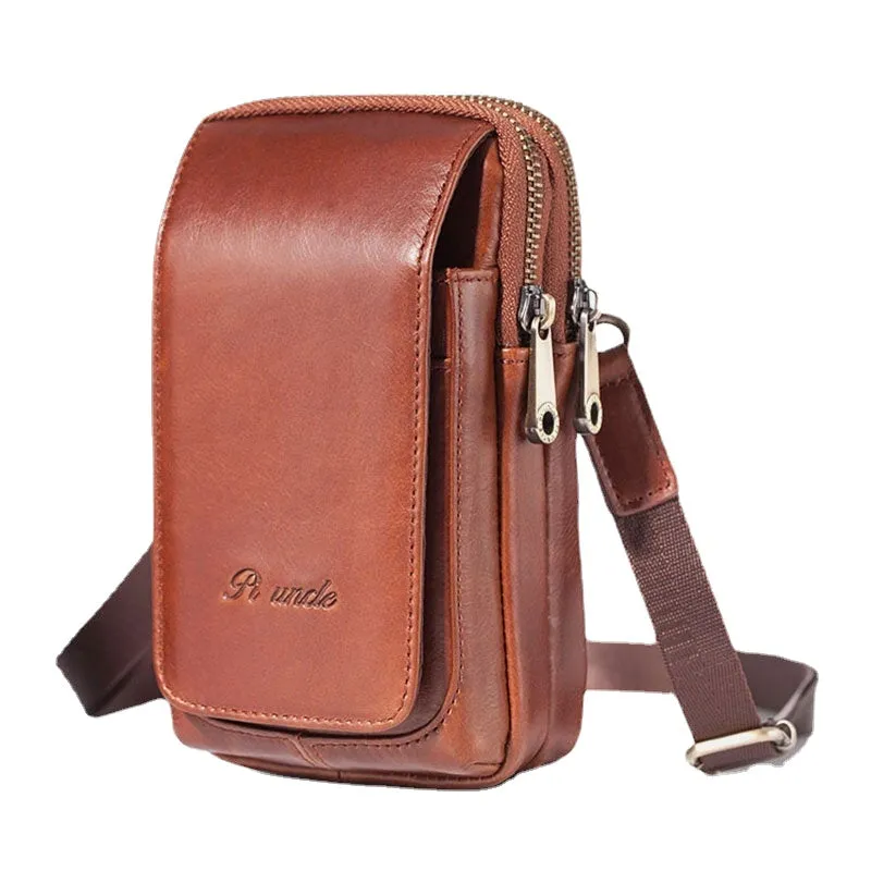 Men Mini Multifunction Belt Bag Double Front Zipper Pocket Crossbody Bags Retro 6.5 Inch Phone Waist