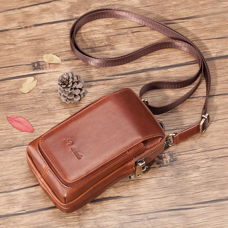 Men Mini Multifunction Belt Bag Double Front Zipper Pocket Crossbody Bags Retro 6.5 Inch Phone Waist