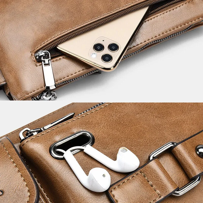 Men Multifunction Multi-compartment Chest Bag Waist Bag PU Leather Large Capacity Headphone Hole Crossbody Shoulder Bag