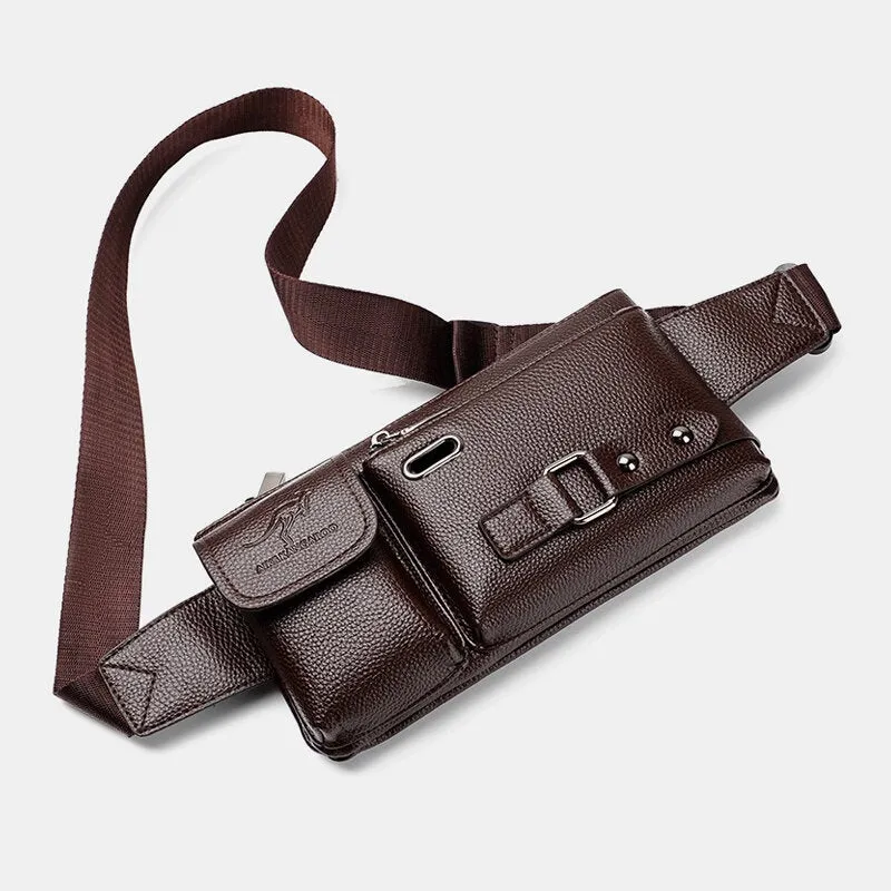 Men Multifunction Multi-compartment Chest Bag Waist Bag PU Leather Large Capacity Headphone Hole Crossbody Shoulder Bag