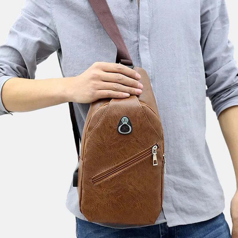 Men PU Leather Retro Business Chest Bag With USB Charging Youth Shoulder Cross Body