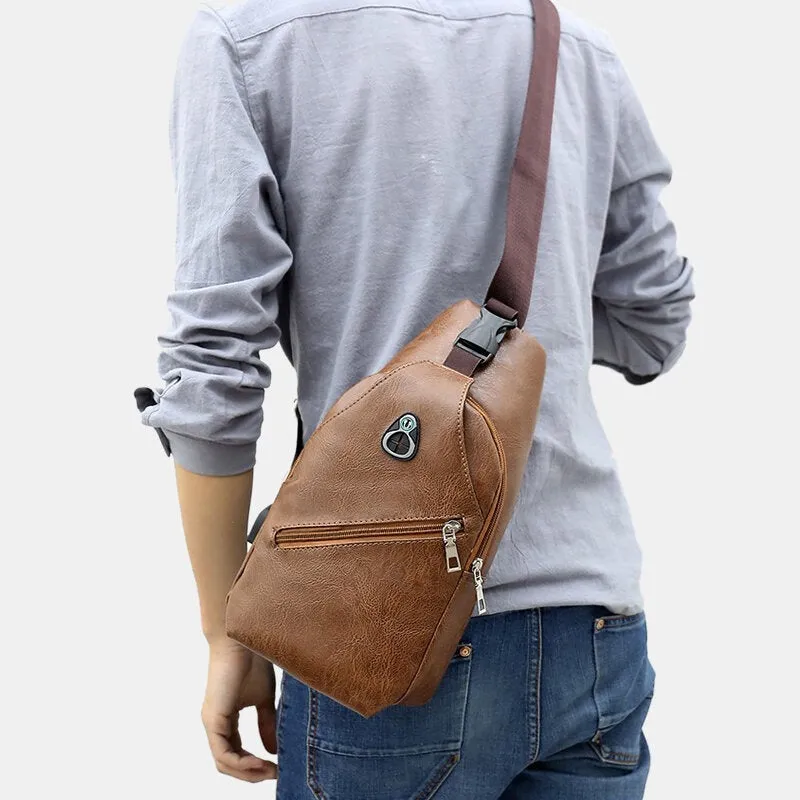 Men PU Leather Retro Business Chest Bag With USB Charging Youth Shoulder Cross Body