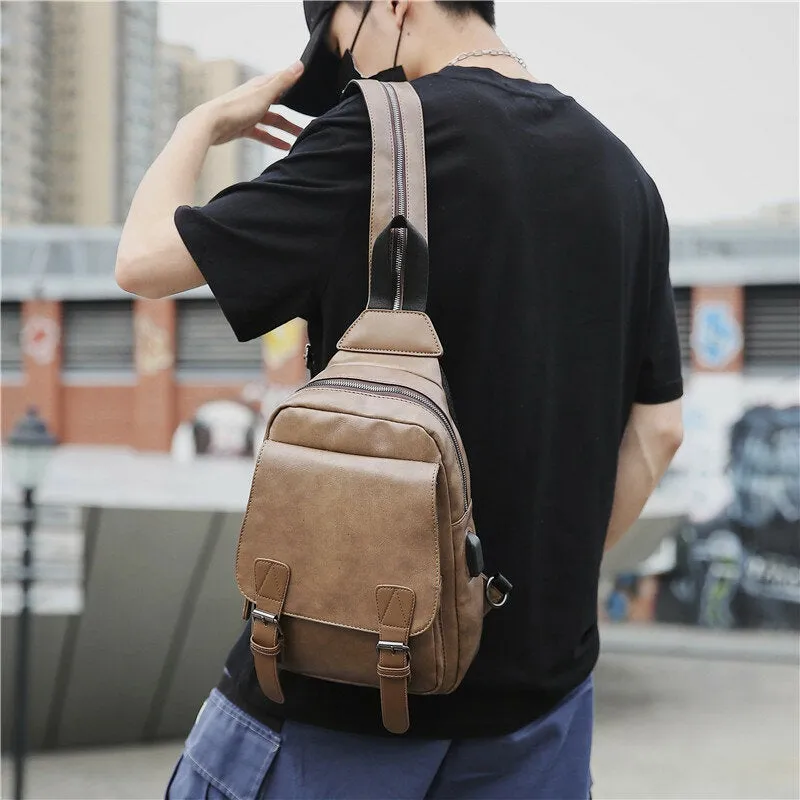 Men Retro Earphone Hole Multi-carry USB Charging Multi-Layers Waterproof Crossbody Bag Chest Sling