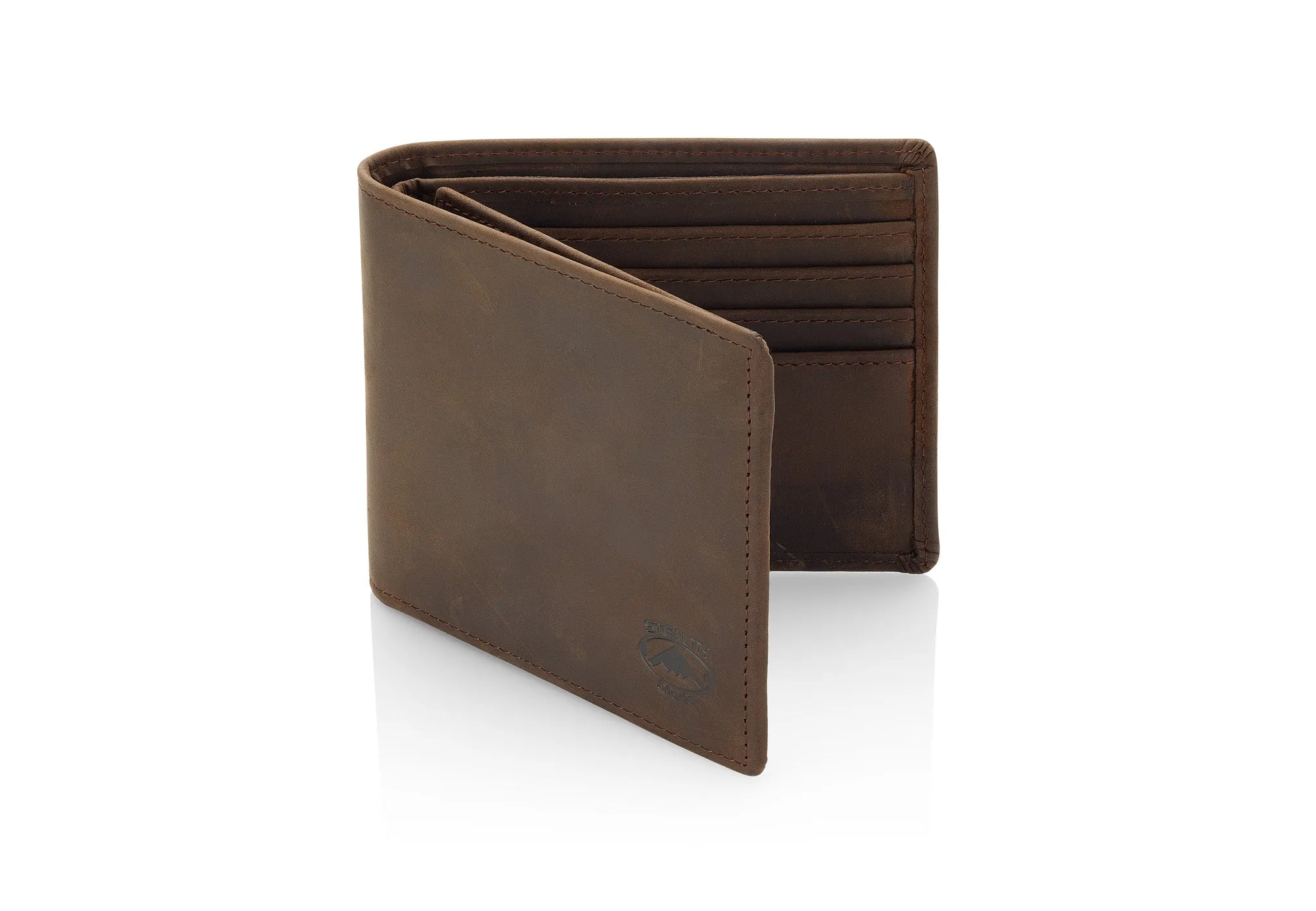 Mens Brown Leather RFID Wallet With Flip Out ID Window and 12 Card Slots