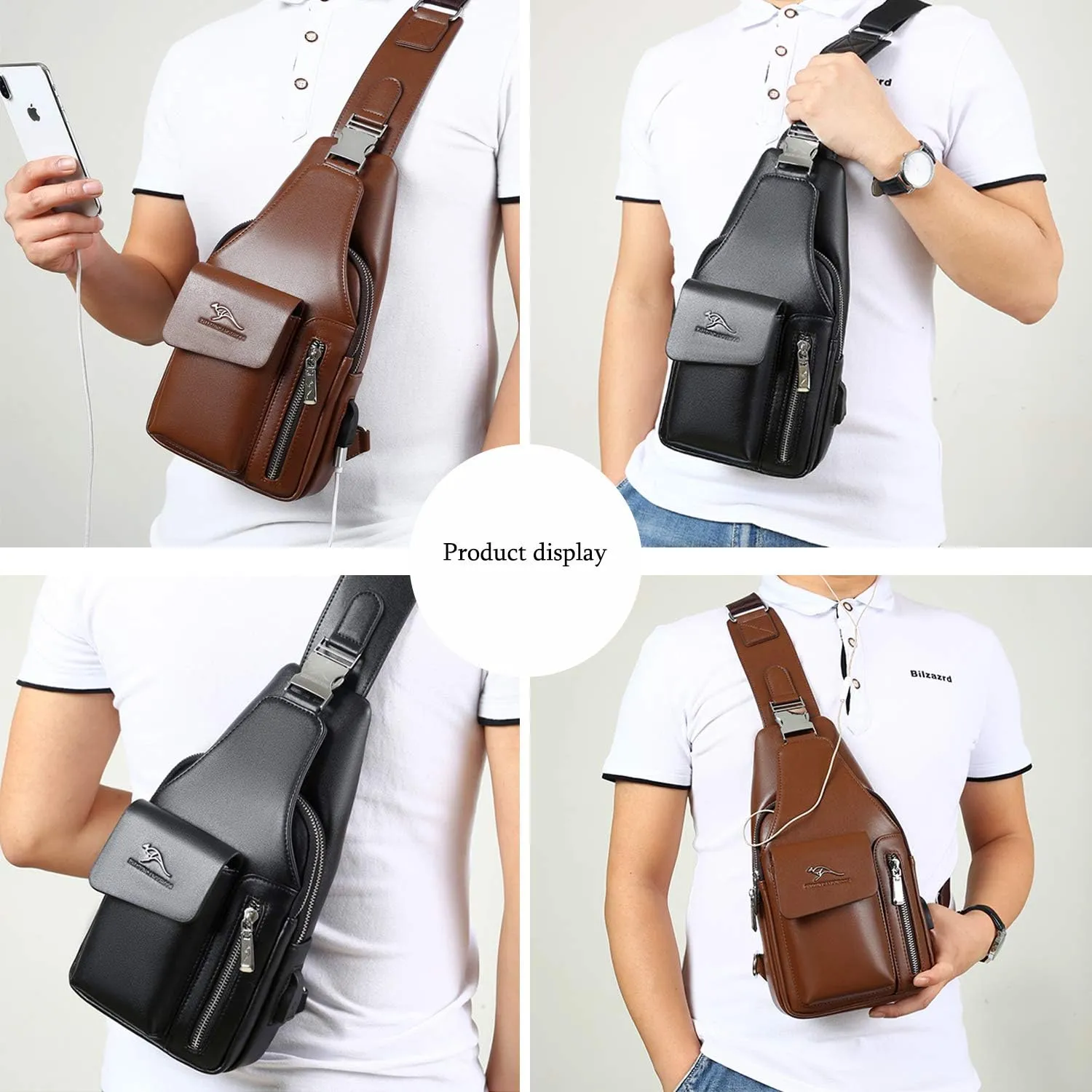 Men's Leather Sling Bag Chest Shoulder Bags Anti-Theft Backpack Purse