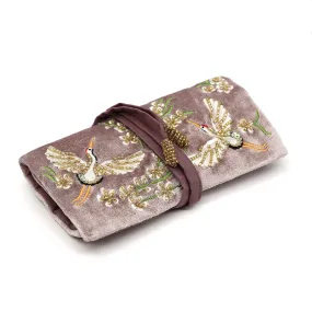 Mink velvet embroidered crane jewellery roll