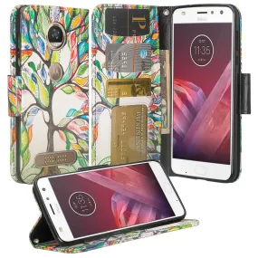 Motorola Moto Z2 Force Case, Moto Z2 Force Wallet Case, Slim Flip Folio [Kickstand] Pu Leather Wallet Case with ID & Card Slots & Pocket   Wrist Strap - Vibrant Tree