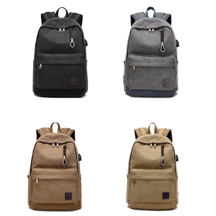 Multi-Function Travel Casual Canvas Backpack Students Bag with External USB Charging Interface & Headphone Jack (Black)