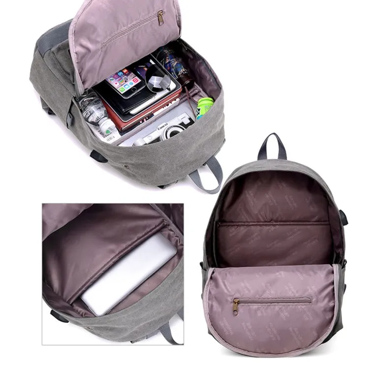 Multi-Function Travel Casual Canvas Backpack Students Bag with External USB Charging Interface & Headphone Jack (Black)