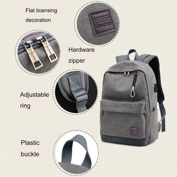 Multi-Function Travel Casual Canvas Backpack Students Bag with External USB Charging Interface & Headphone Jack (Black)