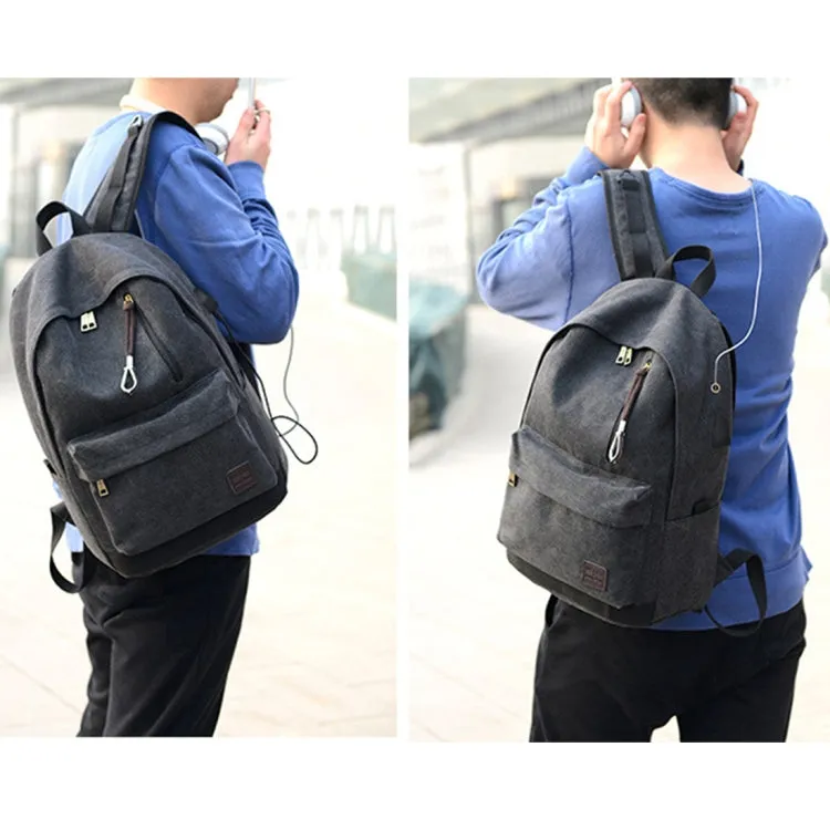 Multi-Function Travel Casual Canvas Backpack Students Bag with External USB Charging Interface & Headphone Jack (Black)