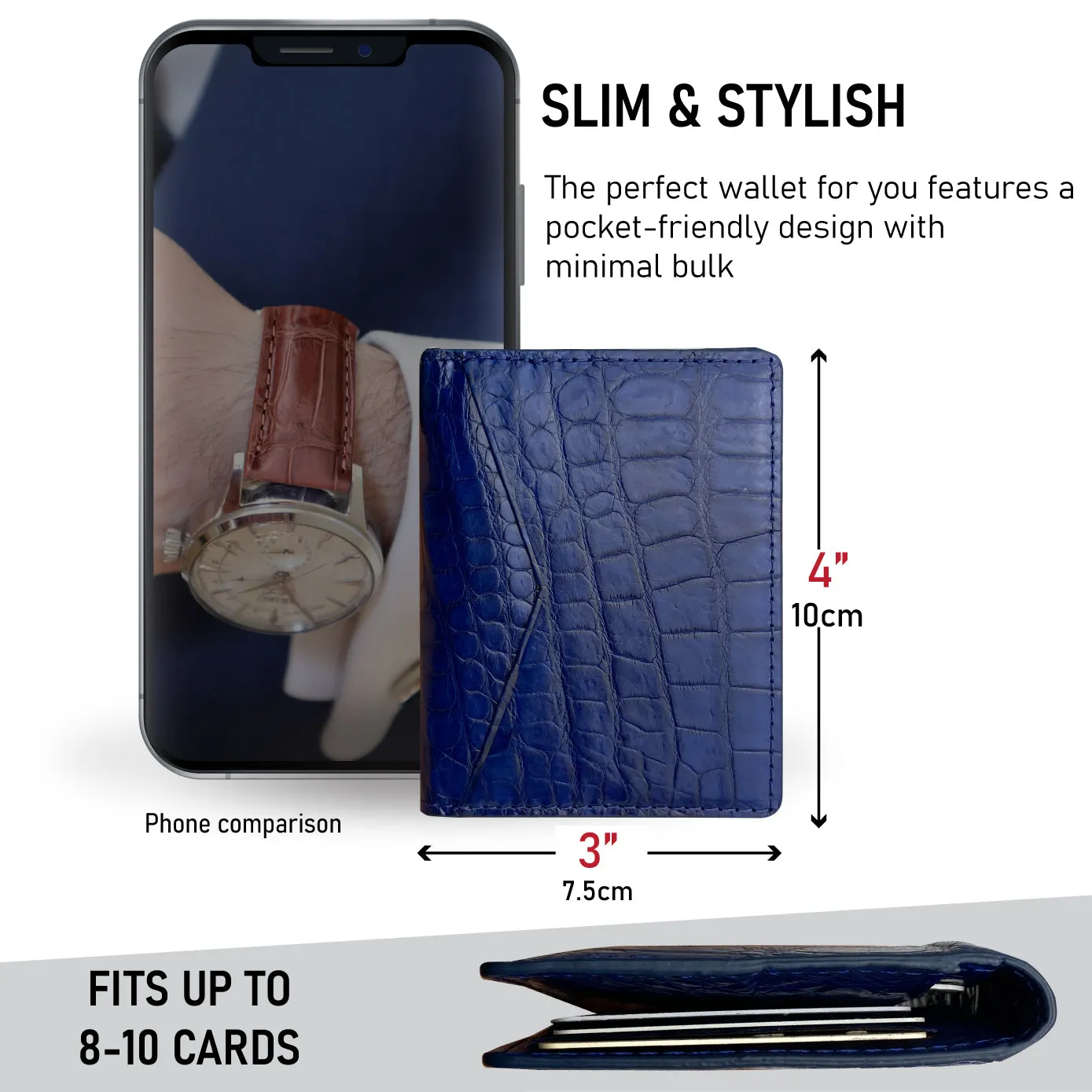 Navy Blue Alligator Leather Bifold Credit Card Holder Double Side Crocodile Skin with RFID Blocking | VINAM-86