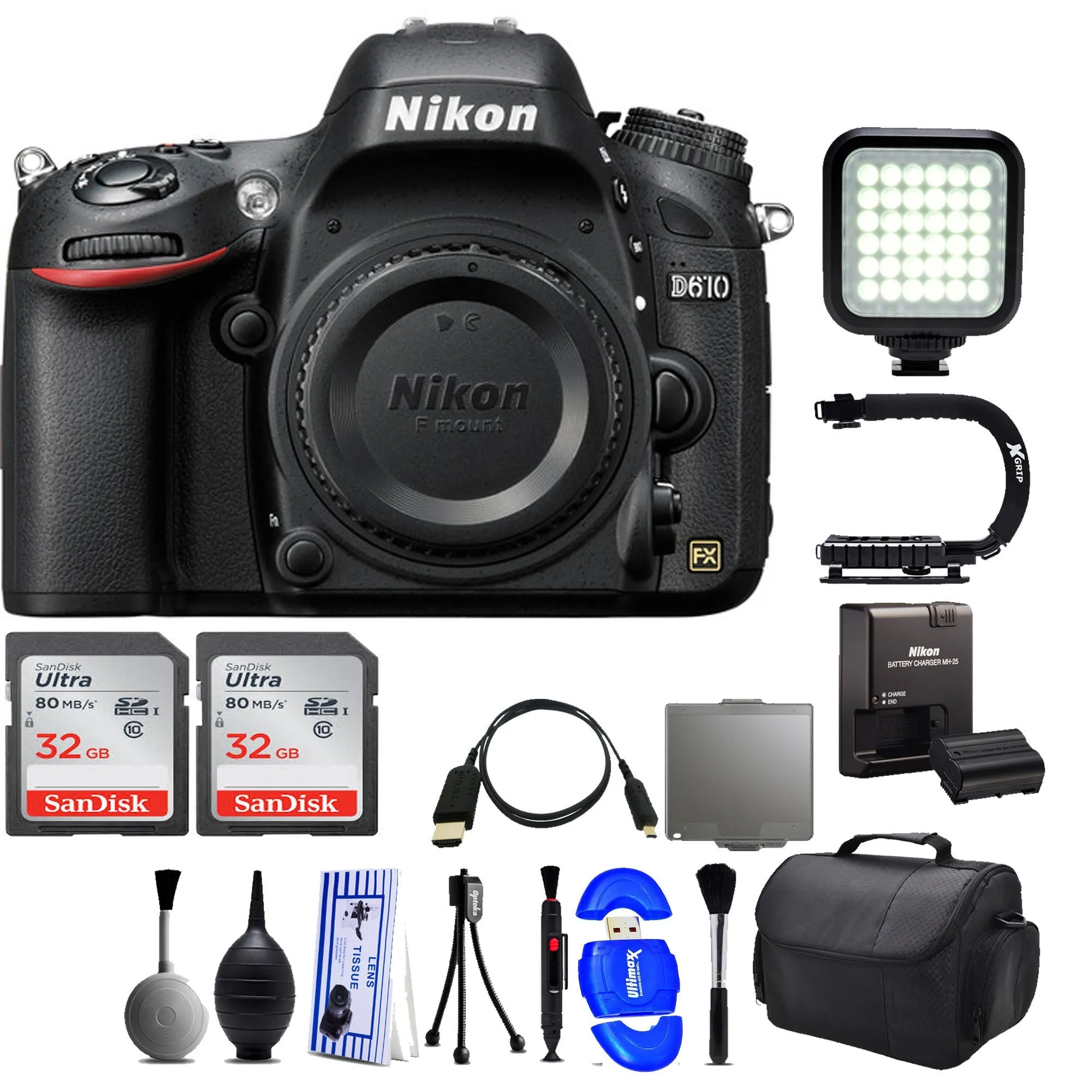 Nikon D610 DSLR Camera (Body Only) with 2x Sandisk 32GB | LED Light | Case &amp; More Bundle