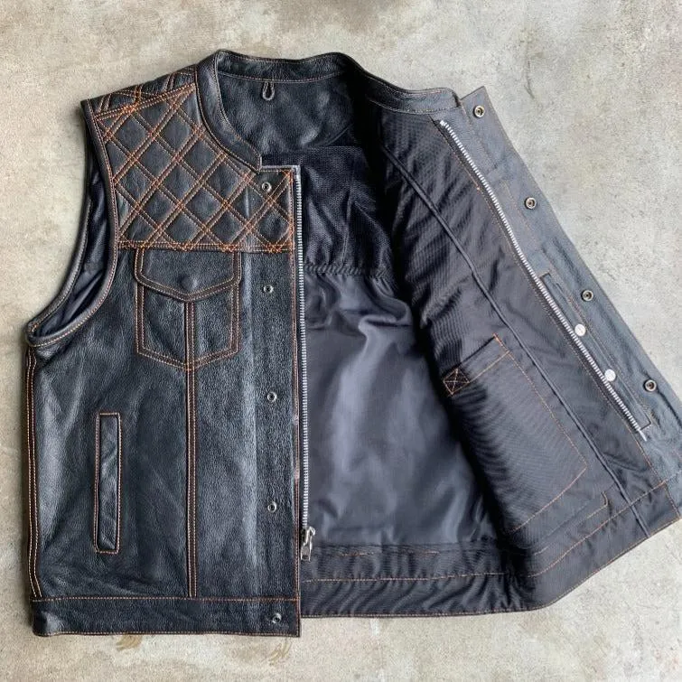 Open Road Men's Upside Leather with Orange Stitched Diamonds Vest